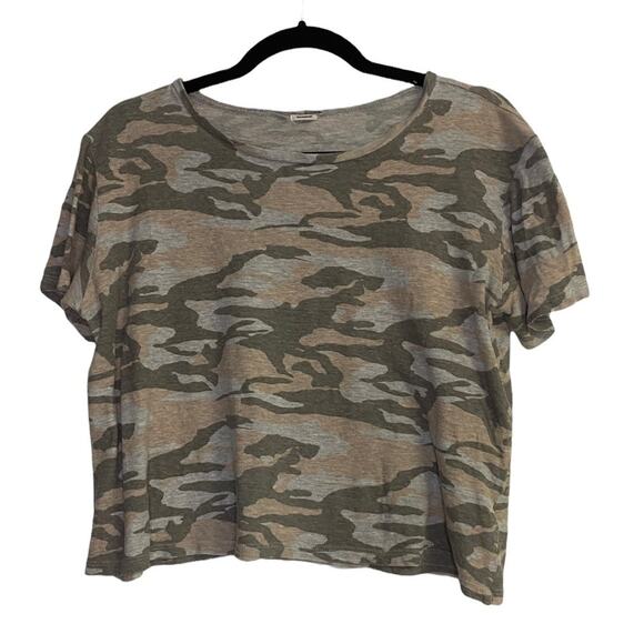 Monrow Shirt Womens Small Camo Gray Crop Tee Neutral T Shirt Camouflage Boxy - Picture 1 of 2